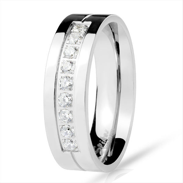 Nine Clear Round CZs Set Center 316L Stainless Steel Men's Band Ring