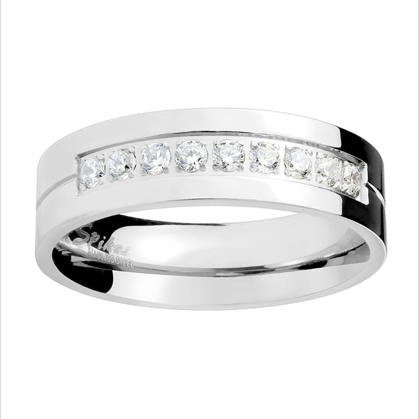 Nine Clear Round CZs Set Center 316L Stainless Steel Men's Band Ring