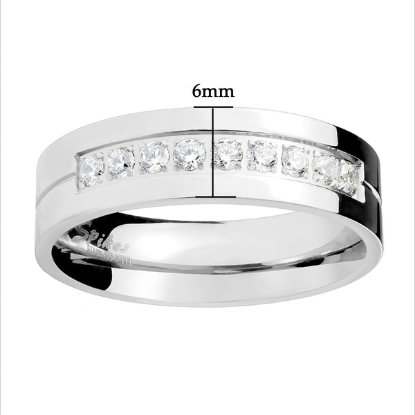 Nine Clear Round CZs Set Center 316L Stainless Steel Men's Band Ring