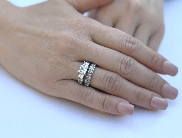 3 PCS Couples Ring Set Womens Princess Cut CZ Ring set with Mens 9 Round CZ Band