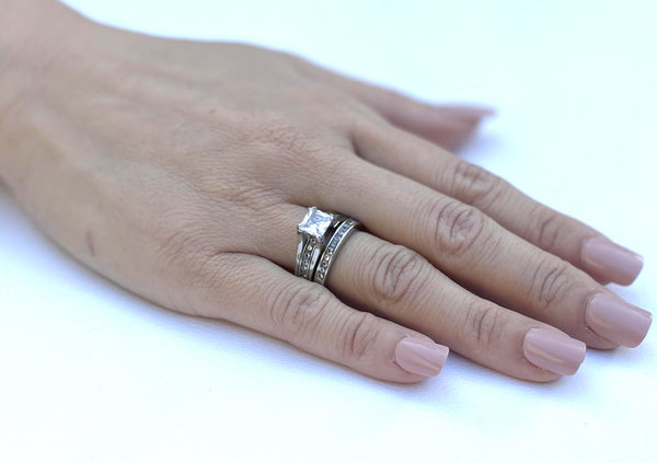3 PCS Paar Frauen 7x7mm Prinzessin CZ Verlobungsring Set Herren 7 CZs Band