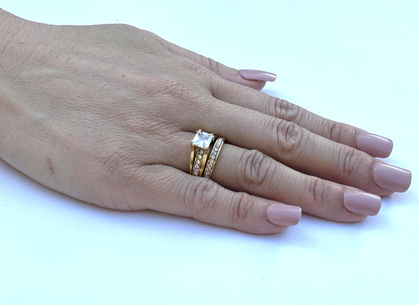 His Hers 3 PCS Princess Cut CZ Gold IP Stainless Steel Wedding Set / Mens Gold IP Band