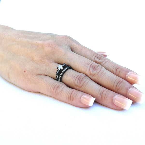 Couples Ring Set Womens Black Anniversary Ring Mens Bezel Set CZ  Wedding Band