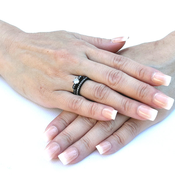 Couples Ring Set Womens Black Anniversary Ring Mens Bezel Set CZ  Wedding Band
