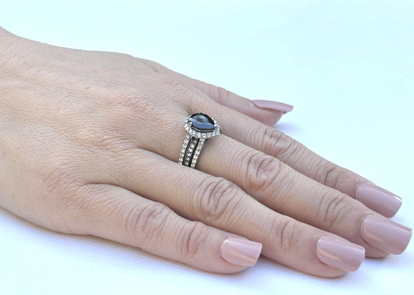 Juego de 3 piezas de anillos de boda de acero inoxidable con circonita cúbica negra y corte de pera para hombre