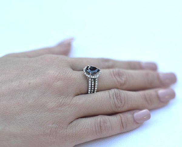 Juego de 3 piezas de anillos de boda de acero inoxidable con circonita cúbica negra y corte de pera para hombre