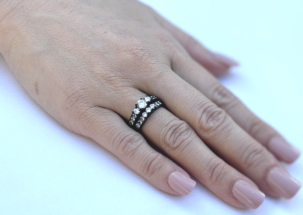 Paarringe Schwarz Set Damen 3 Stein Klein Rund CZ Verlobungsring Herren Lünettenset CZ Ehering