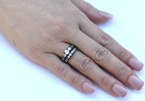 Paarringe Schwarz Set Damen 3 Stein Klein Rund CZ Verlobungsring Herren Lünettenset CZ Ehering