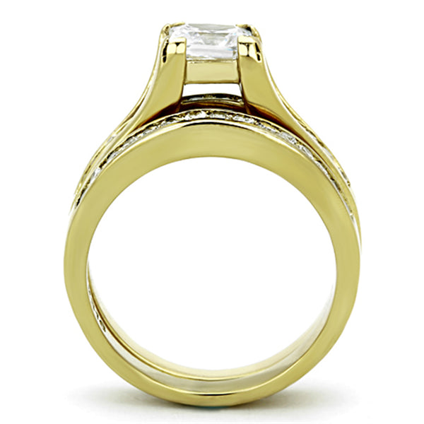 Paar Ring Set Damen 7x7mm Prinzessin CZ Gold Ehering Set Herren Rundum CZ Band
