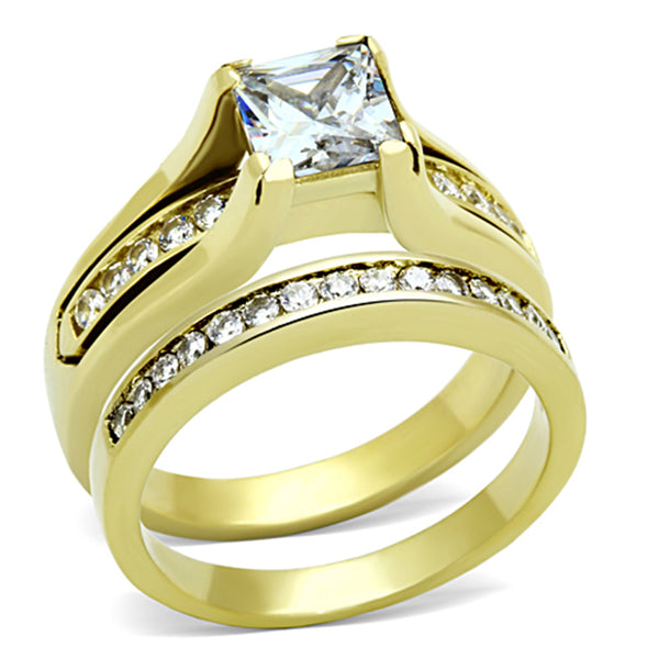 Paar Ring Set Damen 7x7mm Prinzessin CZ Gold Ehering Set Herren Rundum CZ Band