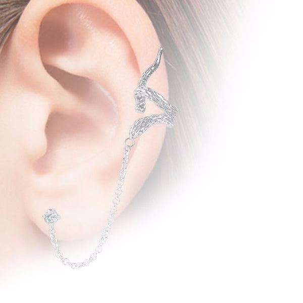 Snake Design Ear Cuff with Chain Linked Clear CZ set Stud Earring- Left Only - LA NY Jewelry