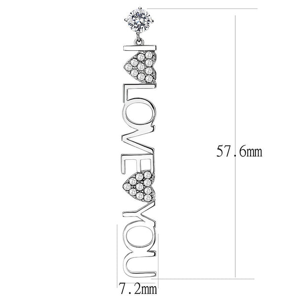 Runder Ohrstecker mit Zirkonia und Buchstabenkette „I Love You“ mit zwei Herzen aus Edelstahl für Damen