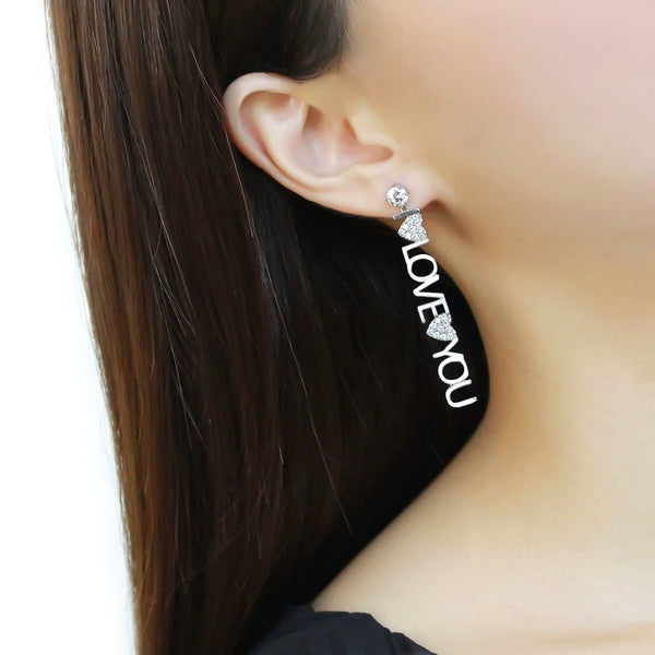 Runder Ohrstecker mit Zirkonia und Buchstabenkette „I Love You“ mit zwei Herzen aus Edelstahl für Damen