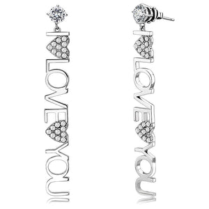 Round CZ Stud with I Love You letter link with two hearts womens stainless steel dangle earrings