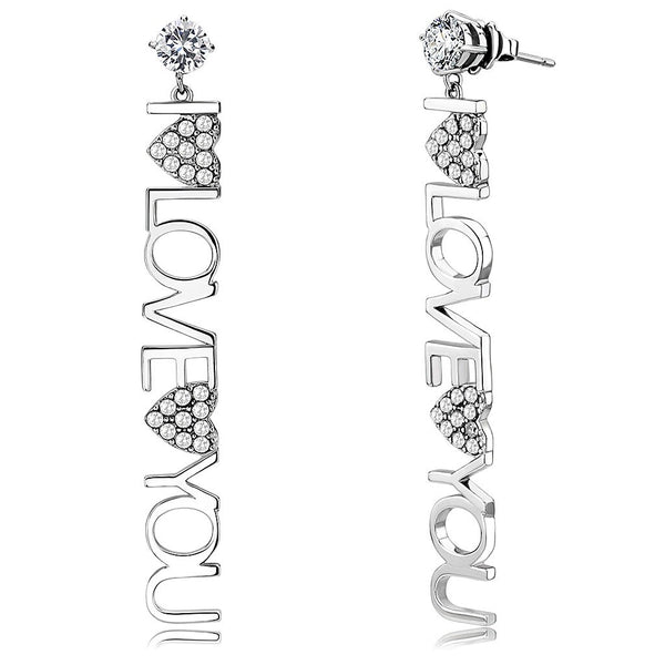 Runder Ohrstecker mit Zirkonia und Buchstabenkette „I Love You“ mit zwei Herzen aus Edelstahl für Damen