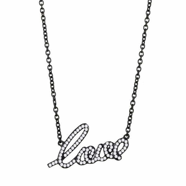 Womens Black IP Stainless Steel LOVE Pendant Necklace with Clear CZs - LA NY Jewelry