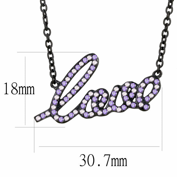 Womens Black IP Stainless Steel LOVE Pendant Necklace with Pink/Purple CZs - LA NY Jewelry