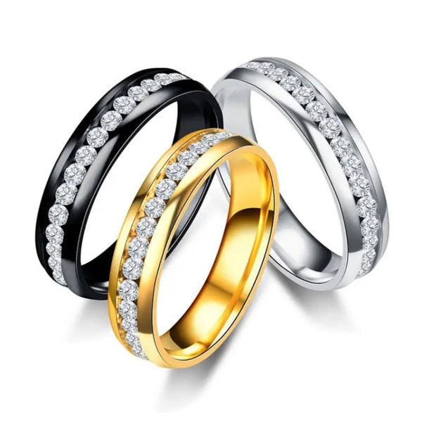 Eternity Ring rundum mit Zirkonia für Herren und Damen, Silber, Gold, schwarz plattiert, Edelstahl, Ehering