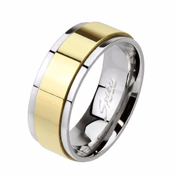Couple Ring Set Gold IP Stainless Steel Round CZ Promise Ring set Mens Gold Spinning Band - LA NY Jewelry