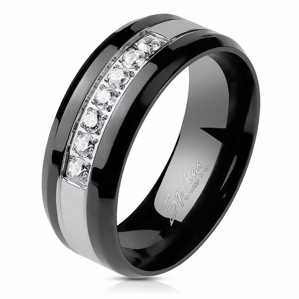 Paarringe Schwarz Set Damen 3 Stein Typ Prinzessin CZ Verlobungsring Herren 7 CZs Zweifarbiges Band