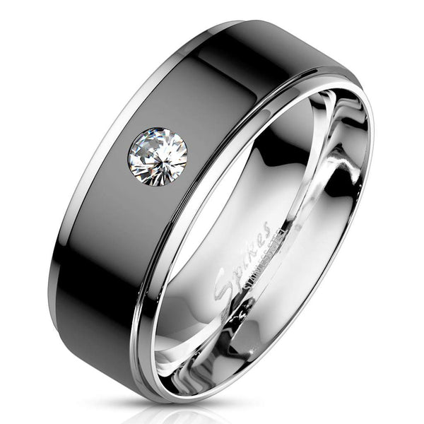 Couples Rings Black Set Womens 3 Stone Small Round CZ Engagement Ring Mens Bezel Set CZ  Wedding Band