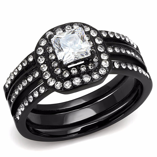 5x5mm Princess Cut CZ 3 Rows Band Black IP Stainless Steel Wedding Ring - LA NY Jewelry
