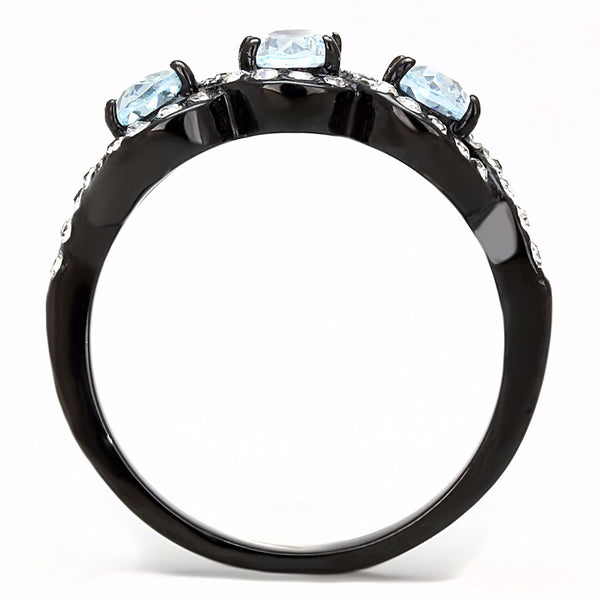 3 Sky Blue Oval CZs with Clear CZs set in Black IP Stainless Steel Band Ring - LA NY Jewelry