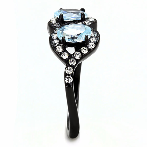 3 Sky Blue Oval CZs with Clear CZs set in Black IP Stainless Steel Band Ring - LA NY Jewelry