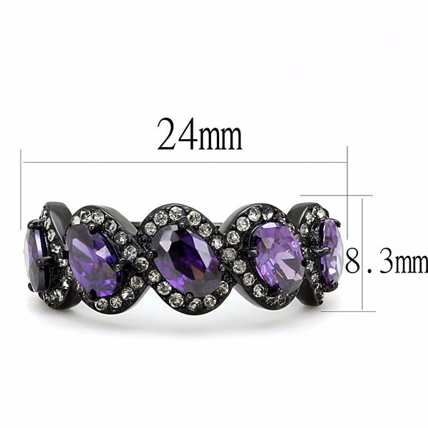 5 Purple Oval CZs with Clear CZs set in Black IP Stainless Steel Band Ring - LA NY Jewelry