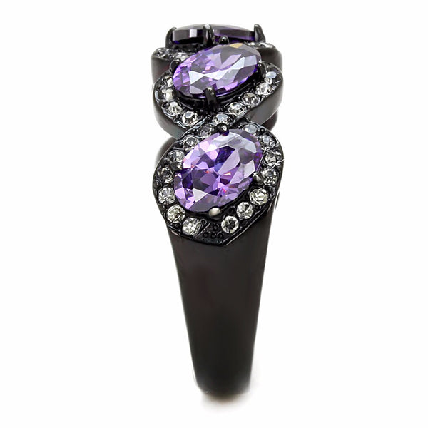 5 Purple Oval CZs with Clear CZs set in Black IP Stainless Steel Band Ring - LA NY Jewelry