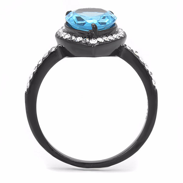 Sea Blue 11x8.5mm Pear Cut CZ Center Black IP Stainless Steel Cocktail Ring - LA NY Jewelry