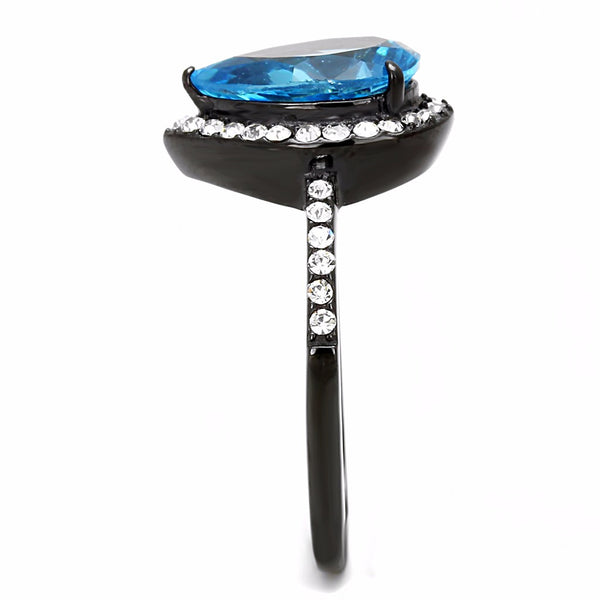 Sea Blue 11x8.5mm Pear Cut CZ Center Black IP Stainless Steel Cocktail Ring - LA NY Jewelry