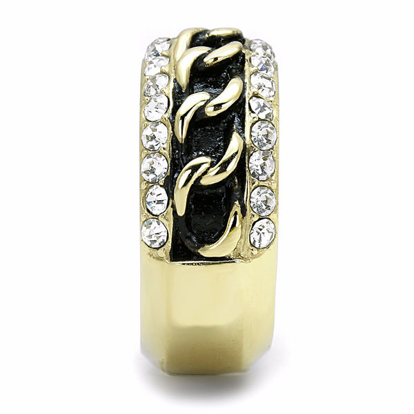 Top Grade Clear Crystal with Black Chain Look Center Gold IP Stainless Steel Band - LA NY Jewelry