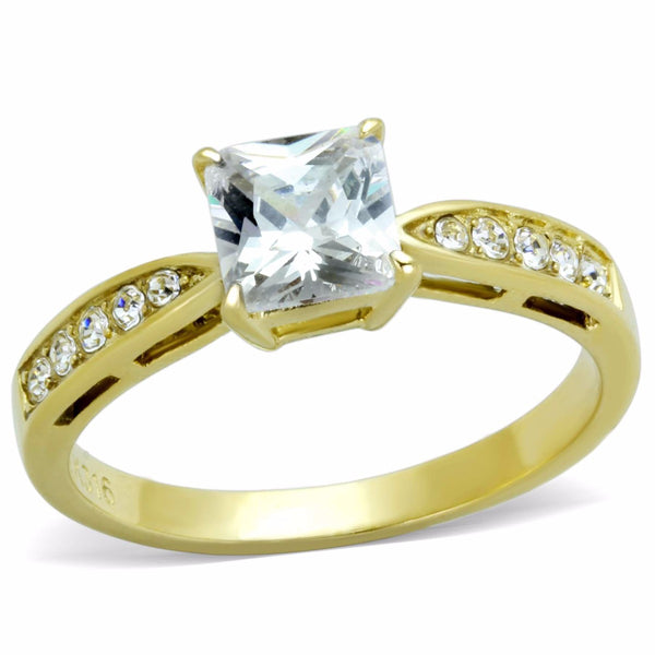 Women's 6x6mm Clear Princess Cut CZ Center Gold IP Stainless Steel Wedding Ring - LA NY Jewelry