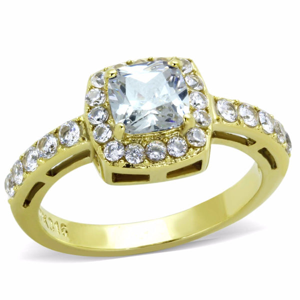 Women's 6x6mm Clear Cushion Cut CZ Center Gold IP Stainless Steel Cocktail Ring - LA NY Jewelry