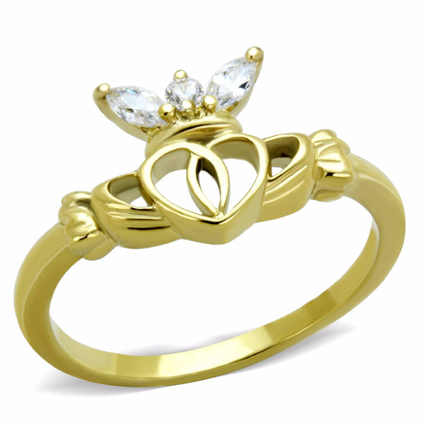 Women's Small Round and Marquise CZ Gold IP Stainless Steel Claddagh Ring - LA NY Jewelry
