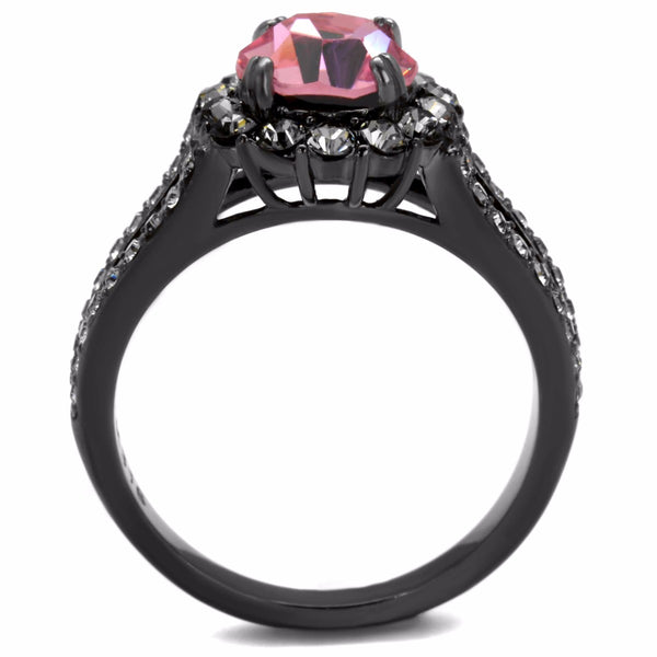 7.5x7.5mm Round Cut Light Pink CZ Light Black IP Stainless Steel Wedding Ring - LA NY Jewelry