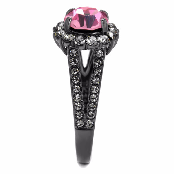 7.5x7.5mm Round Cut Light Pink CZ Light Black IP Stainless Steel Wedding Ring - LA NY Jewelry