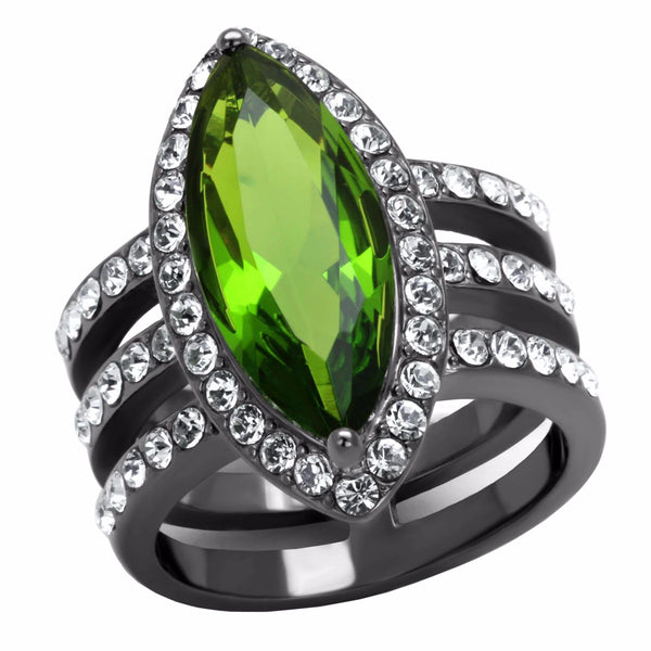 19x8mm Marquise Green CZ Three Side Rows IP Light Black Stainless Steel Ring - LA NY Jewelry
