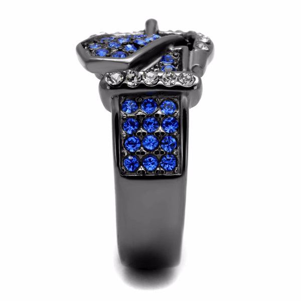 Royal Blue Multi Color Crystal IP Light Black Stainless Steel Belt Buckle Ring - LA NY Jewelry