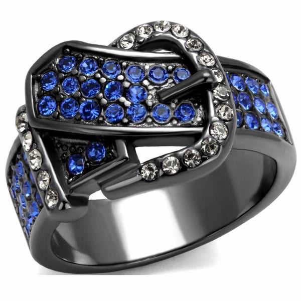 Royal Blue Multi Color Crystal IP Light Black Stainless Steel Belt Buckle Ring - LA NY Jewelry