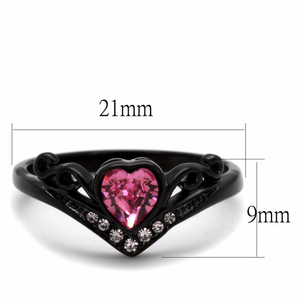 5x5mm Heart Cut Pink Rose CZ Black IP Stainless Steel Ring - LA NY Jewelry