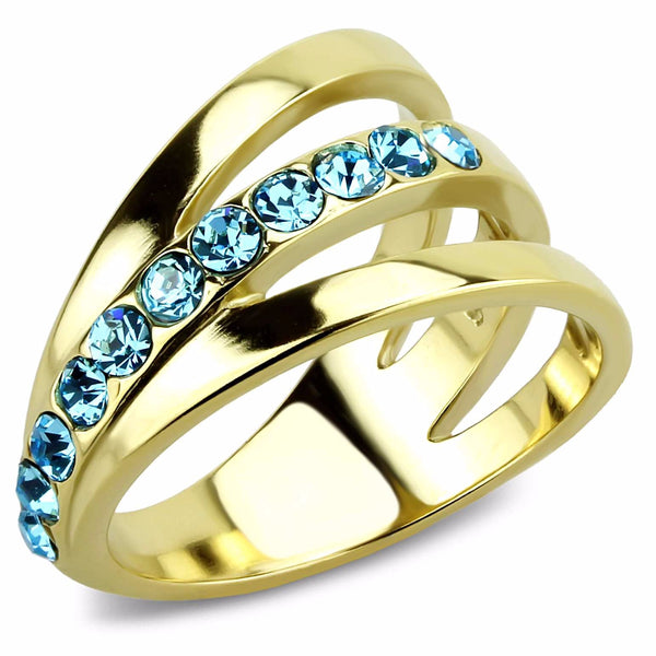 3x3mm Round Cut Sea Blue Topaz CZ Gold IP Stainless Steel Band - LA NY Jewelry
