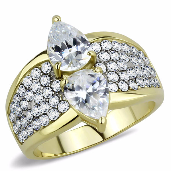 Women's Two 8x6mm Pear Cut CZs Center Gold IP Stainless Steel Wedding Ring - LA NY Jewelry