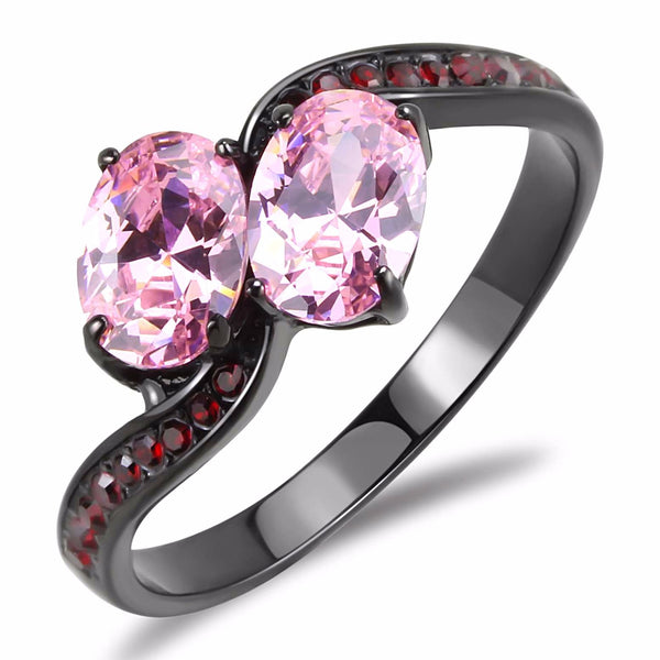 Two 0f 7x5mm Oval Cut Pink CZs Center Black IP Stainless Steel Cocktail Ring - LA NY Jewelry