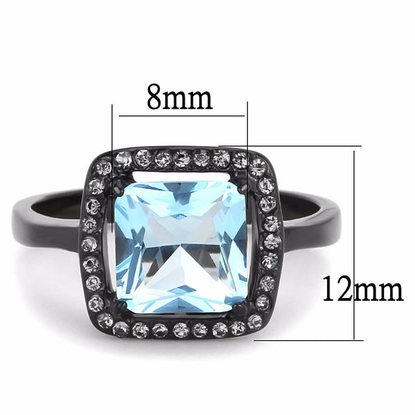 Big 8x8mm Princess Cut Sea Blue Topaz CZ Center Black IP Stainless Steel Ring - LA NY Jewelry