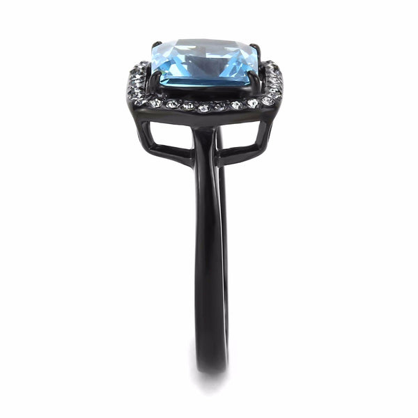 Big 8x8mm Princess Cut Sea Blue Topaz CZ Center Black IP Stainless Steel Ring - LA NY Jewelry