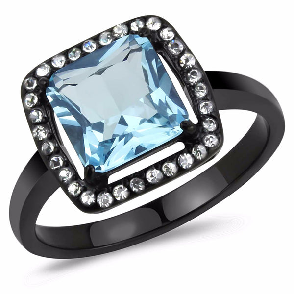Big 8x8mm Princess Cut Sea Blue Topaz CZ Center Black IP Stainless Steel Ring - LA NY Jewelry