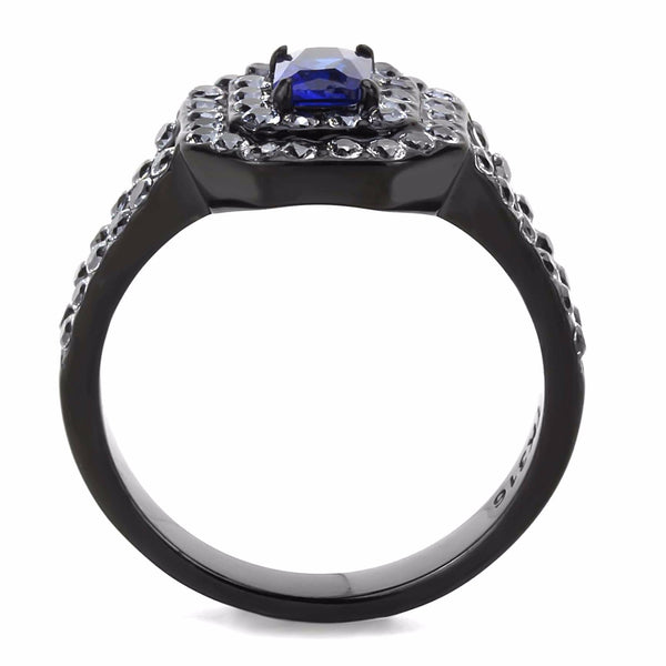 6x4mm Emerald Cut Deep Blue Sapphire CZ Black IP Stainless Steel Engagement Ring - LA NY Jewelry