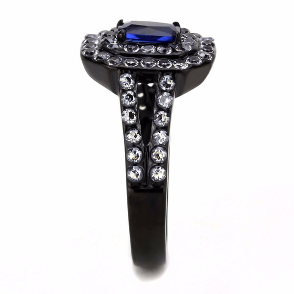 6x4mm Emerald Cut Deep Blue Sapphire CZ Black IP Stainless Steel Engagement Ring - LA NY Jewelry
